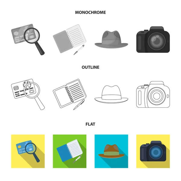 Fotoaparát, Lupa, klobouk, zápisník s perem. Detektiv nastavení kolekce ikon v ploché, obrys, monochromatické stylu vektor symbol akcií ilustrace web. — Stockový vektor