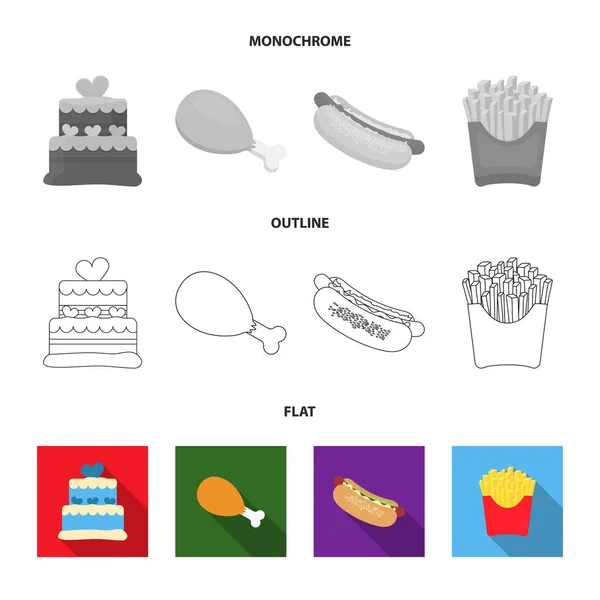Pastel, jamón, hot dog, papas fritas. Comida rápida conjunto de iconos de la colección en plano, contorno, estilo monocromo vector símbolo stock illustration web . — Archivo Imágenes Vectoriales