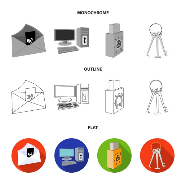 Wirus, monitor, wyświetlacz, ekran. Hakerzy i hacking kolekcja zestaw ikon w mieszkaniu, konspekt, www ilustracji symbol wektor styl monochromatyczny. — Wektor stockowy