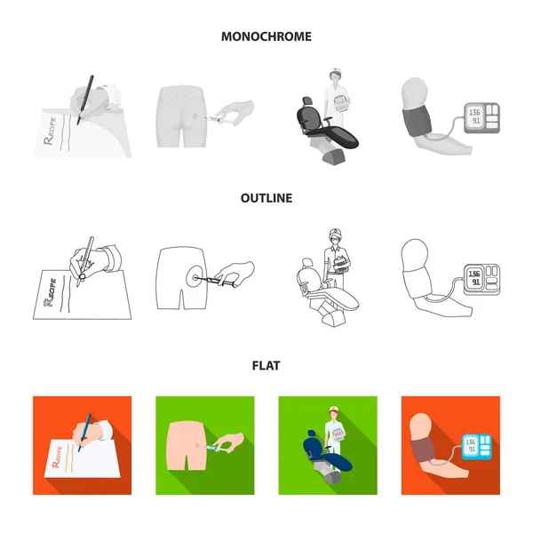 Injeção intramuscular, prescrição, Dentista, medida da pressão arterial. Ícones de coleção Medicineset em plana, contorno, estilo monocromático símbolo vetorial estoque ilustração web . — Vetor de Stock