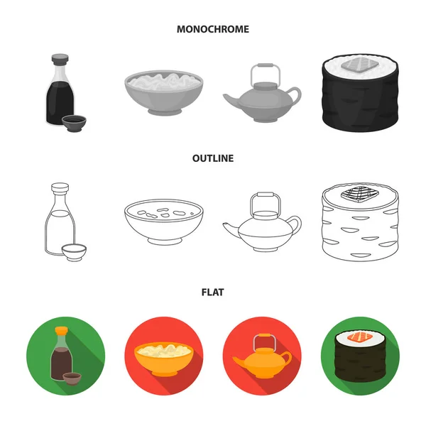 Molho de soja, macarrão, kettle.rolls.Sushi conjunto coleção ícones em plano, contorno, estilo monocromático símbolo vetorial estoque ilustração web . — Vetor de Stock