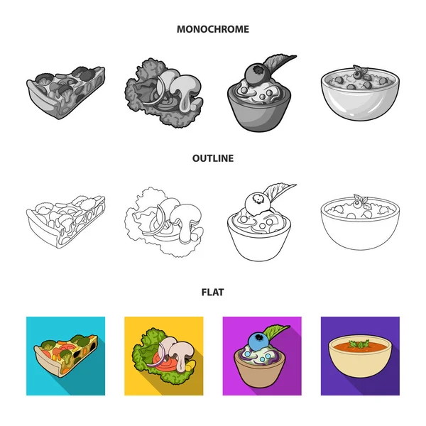 Trozo de pizza vegetariana con tomates, hojas de lechuga con champiñones, pastel de arándanos, sopa vegetariana con verduras. Los platos vegetarianos establecen iconos de colección en plano, contorno, vector de estilo monocromo — Vector de stock