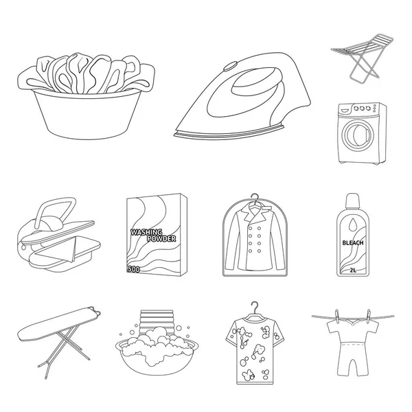 Kuru Temizleme donanımları anahat simgeleri set koleksiyonu tasarım için. Yıkama ve giyim Ütü sembol stok web illüstrasyon vektör.