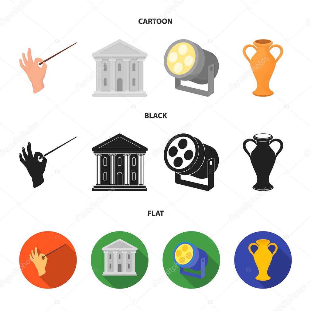 Conductor baton, theater building, searchlight, amphora.Theatre set collection icons in cartoon,black,flat style vector symbol stock illustration .