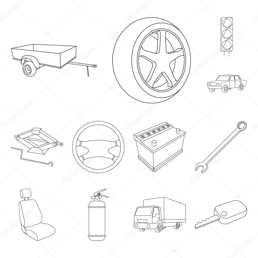 Car, vehicle outline icons in set collection for design. Car and equipment vector symbol stock web illustration.