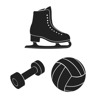 Spor çeşitleri set koleksiyonu tasarım için simgeler siyah. Spor ekipmanları vektör simge stok web çizim.