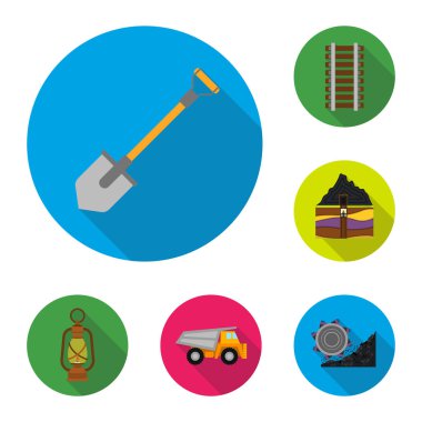 Madencilik Sanayi set koleksiyonu tasarım için düz simgeler. Cihazlar ve sembol stok web illüstrasyon vektör.