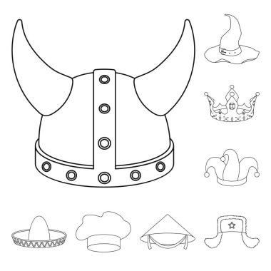 Şapka çeşitleri set koleksiyonu tasarım için simgeleri anahat. Headdress vektör simge stok web çizimi.