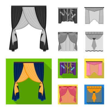 Nakış, tekstil, mobilya ve diğer web simgesi tek renkli, düz tarzı. Perdeler, sopa, kornişler, küme koleksiyon simgeler.