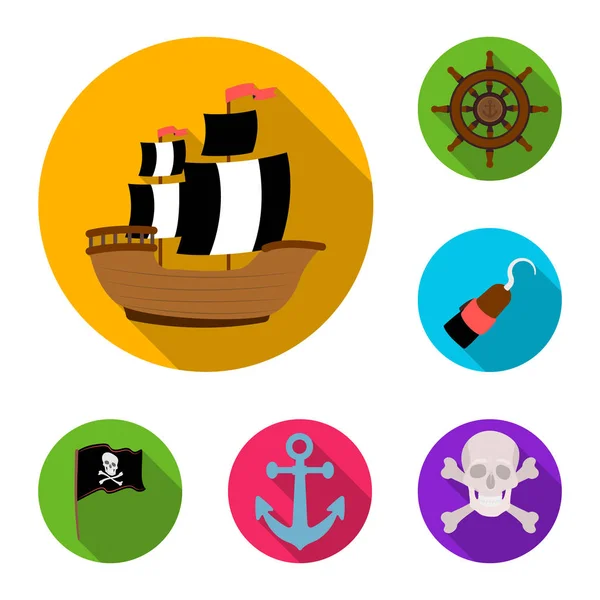 Pirata, ladrón de mar iconos planos en la colección de conjuntos para el diseño. Tesoros, atributos vector símbolo stock web ilustración . — Vector de stock