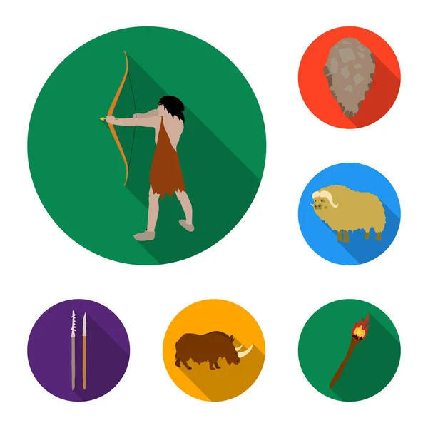 Life in the Stone Age flat icons in set collection for design. Ancient people vector symbol stock web illustration. — Stock Vector