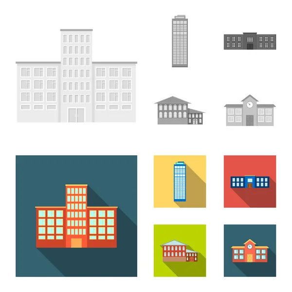 Rascacielos, policía, hotel, escuela.Iconos de colección conjunto de edificios en monocromo, vector de estilo plano símbolo stock illustration web . — Vector de stock