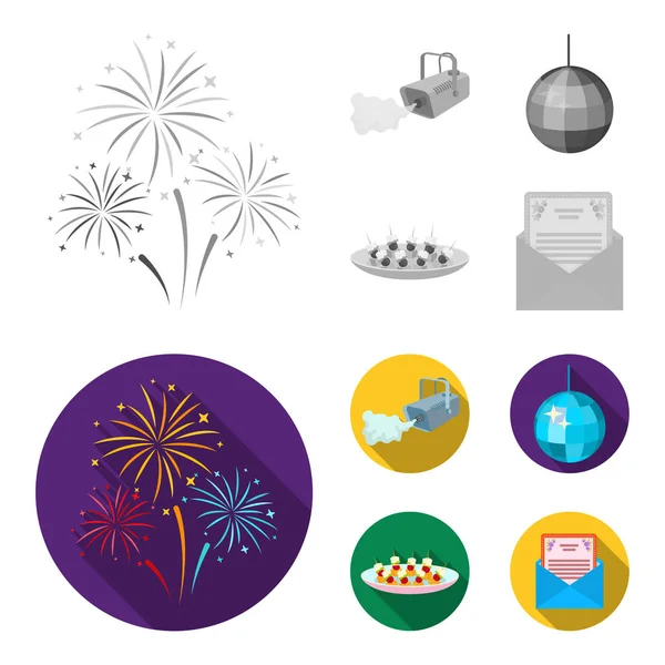 Duman, twirling bir tatil top, sandviç bir tabak, bir tebrik kartı olan bir zarf ile bir video kamera. Etkinlik Hizmetleri toplama simgeler tek renkli, düz stil vektör simge stok ayarla.