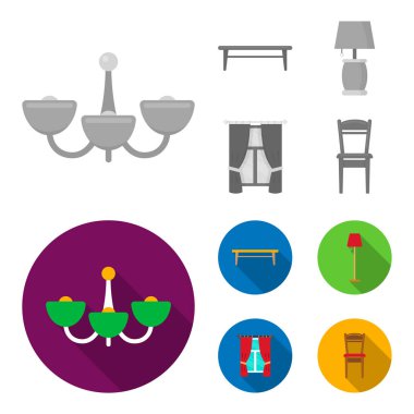 Bir sehpa, bir lamba, perdeler, bir sandalye. Mobilya toplama simgeler tek renkli, düz stil vektör simge stok çizim web ayarla..