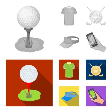 Golf club, güneşlik, golfçü gömlek, telefon bir navigator ile kap arması. Golf club toplama simgeler tek renkli, düz stil vektör simge stok çizim web ayarla..