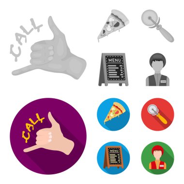 Bir pizza kesici, bir dilim, bir menüde bir pizzacı, bir kurye. Pizza ve pizza tek renkli, düz stil vektör simge stok çizim web simgeler ayarla.