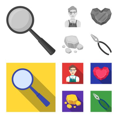 Kuyumcu, pense, altın cevheri, kalp şeklinde Lal. Değerli mineraller ve kuyumcu toplama simgeler tek renkli, düz stil vektör simge stok çizim web ayarla.