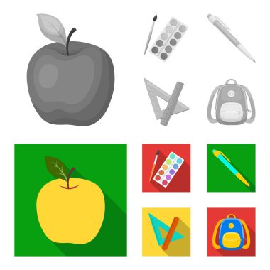 Çok renkli boyalar bir Püskül, kalem, üçgen ve cetvel, el çantası, evrak çantası ile. Okul ve eğitim tek renkli, düz stil vektör simge stok çizim web simgeler ayarla.