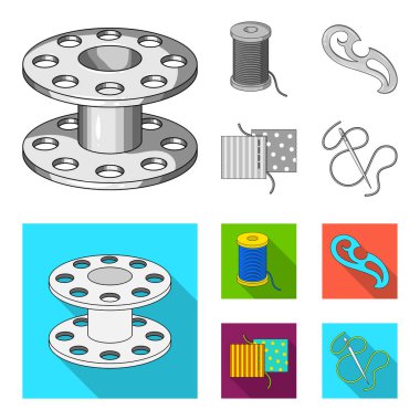 Bir makara ile konu, bir iğne, bir curl, kumaş dikiş. Dikiş veya araçları terzilik tek renkli, düz stil vektör simge stok çizim web simgeler ayarla.