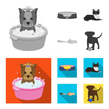Tembel bir evcil hayvan, pençeleri veteriner Kliniği, kırpma, köpek yalan, bir top ile köpek yavrusu için. Veteriner Kliniği ve evde beslenen hayvan, köpek bakım toplama simgeler tek renkli, düz stil vektör simge stok çizim web içinde ayarlayın..