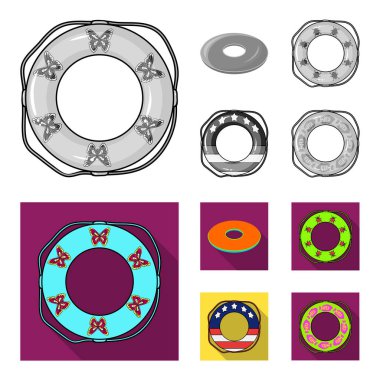 Çok renkli Yüzme set koleksiyonu tasarım için tek renkli, düz simgeler daire içine alın. Farklı lifebuoys sembol stok web illüstrasyon vektör.