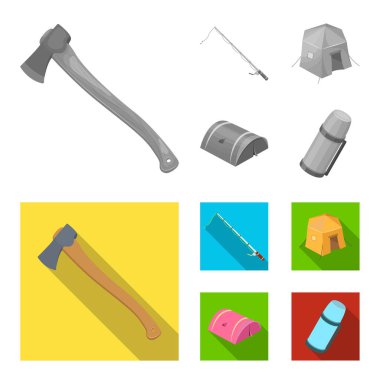 Balık tutma, çadır, termos için iplik. Çadır toplama simgeler tek renkli, düz stil vektör simge stok çizim web ayarla..