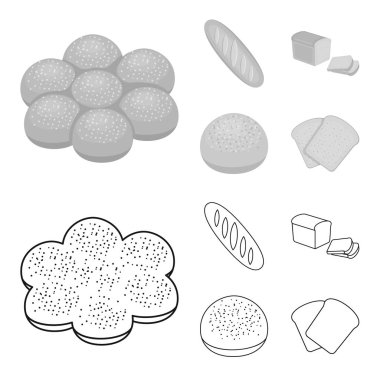 Somun, kesilmiş ekmek rulo ile toz, ekmek pişirme, yarısı. Ekmek toplama simgeler anahat, tek renkli stil vektör simge stok çizim web ayarla..
