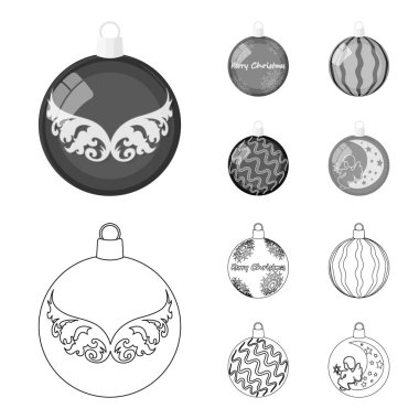 Yeni yıl oyuncaklar anahat, set koleksiyonu tasarım için tek renkli simgeler. Noel topları bir treevector için hisse senedi web illüstrasyon simge.