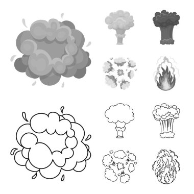Alevi, kıvılcım, hidrojen parçaları, atom veya gaz patlaması. Patlamalar toplama simgeler anahat, tek renkli stil vektör simge stok çizim web ayarla..