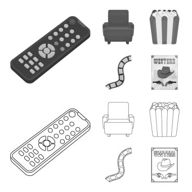 Kontrol paneli, bir koltuk için görüş, patlamış mısır. Filmler ve film anahat, tek renkli stil vektör simge stok çizim web simgeler ayarla.
