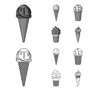 Bir gözleme koni ve diğer türler bir sopa dondurma. Dondurma toplama simgeler anahat, tek renkli stil vektör simge stok çizim web ayarla..