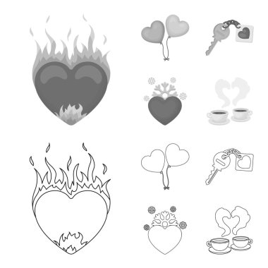 Sıcak kalp, balonlar, a çekicilik, soğuk bir kalp ile a anahtar. Romantik toplama simgeler anahat, tek renkli stil vektör simge stok çizim web ayarla..