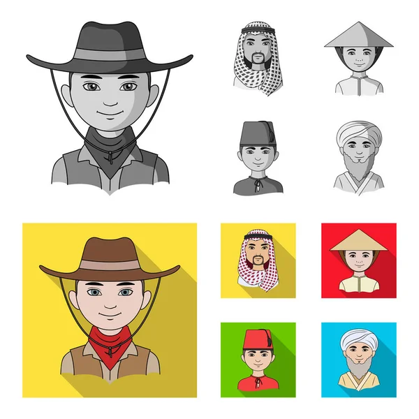 Árabe, turco, vietnamita, asiático. Iconos de colección de conjunto de raza humana en monocromo, vector de estilo plano símbolo stock ilustración web . — Vector de stock