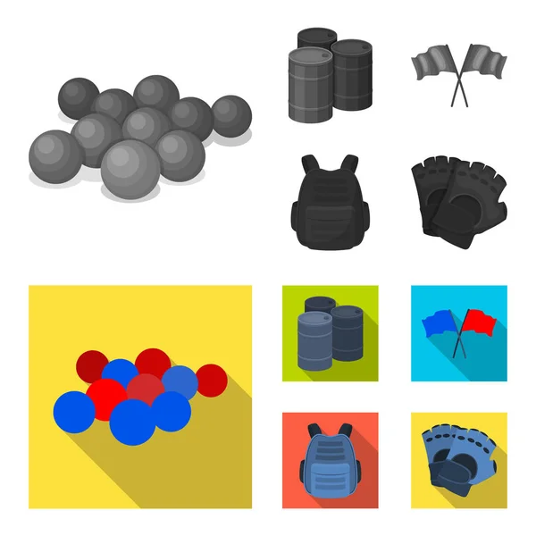 Chaleco protector, guantes y otros equipos. Paintball único icono en monocromo, plano estilo vector símbolo stock ilustración web . — Vector de stock