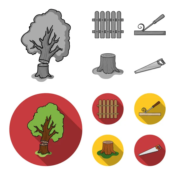 Cerca, cincel, muñón, sierra para madera. Conjunto de madera y madera colección iconos en monocromo, vector de estilo plano símbolo stock ilustración web . — Vector de stock