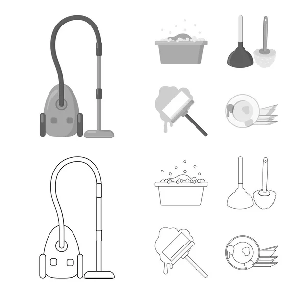 Esquema de limpieza y limpieza, iconos monocromáticos en la colección de conjuntos para el diseño. Equipo para la limpieza vector símbolo stock web ilustración . — Vector de stock