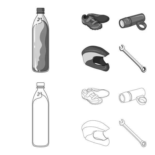 Una botella de agua, zapatillas de deporte, una linterna para una bicicleta, un casco de protección. traje de ciclista conjunto de iconos de la colección en el contorno, el estilo monocromo vector símbolo stock illustration web . — Archivo Imágenes Vectoriales