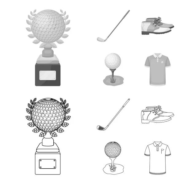 Kupa, golf club, labda, a stand, golfozó cipő. Golf club szett gyűjtemény ikonok vázlat, fekete-fehér stílus vektor szimbólum stock illusztráció web. — Stock Vector