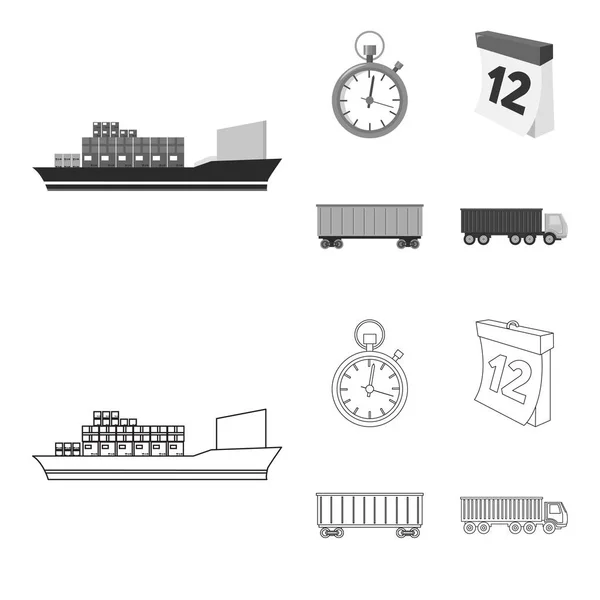 Buque de carga, cronómetro, calendario, coche ferroviario.Logística, conjunto de iconos de la colección en el contorno, el estilo monocromo vector símbolo stock ilustración web . — Vector de stock