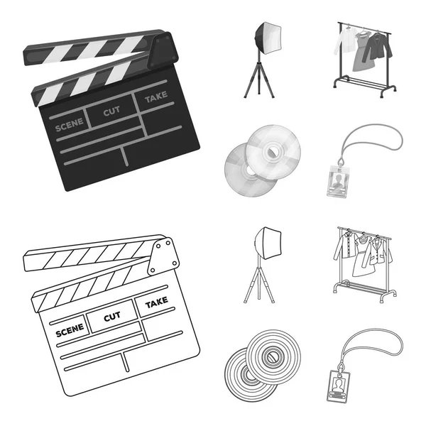 Filme, Schallplatten und andere Ausrüstung für das Kino. Herstellung von Filmen Set Sammlung Symbole in Umriss, monochromen Stil Vektor Symbol Stock Illustration Web. — Stockvektor