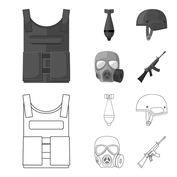 Kulka důkaz vestu, důl, helma, plynovou masku. Vojenské a army sada kolekce ikon v osnově, monochromatické stylu vektor symbol akcií ilustrace web. — Stockový vektor