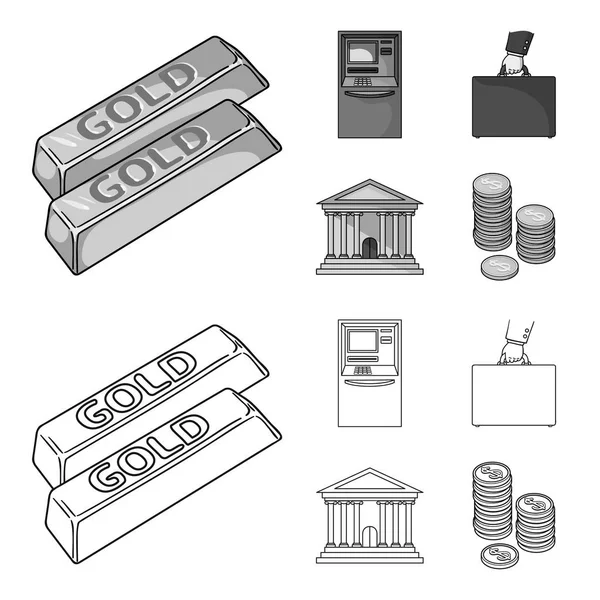 Золотые слитки, банкомат, здание банка, чемодан с деньгами. Иконки коллекции денег и финансов в виде набросков, векторные символы векторные векторные веб-иллюстрации . — стоковый вектор