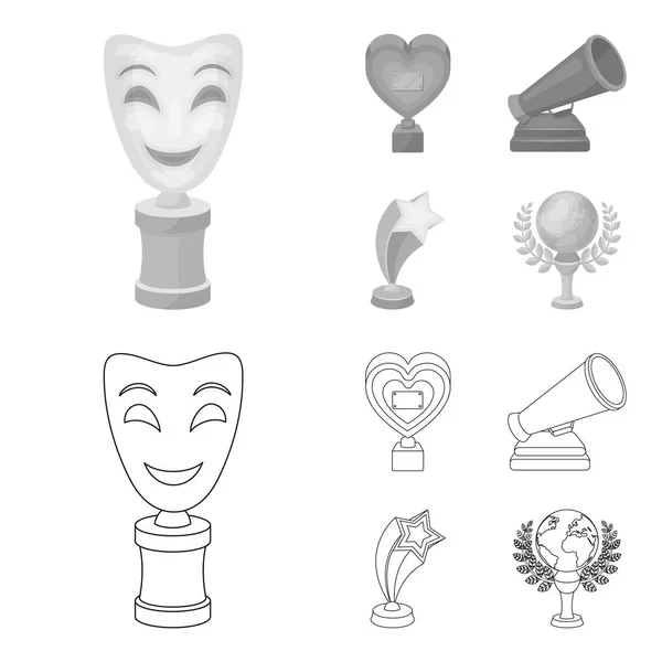 White Mask Mime for the best drama, a prize in the form of the heart and other prizes.Movie awards set collection icons in outline, monochrome style vector symbol stock illustration web . — стоковый вектор