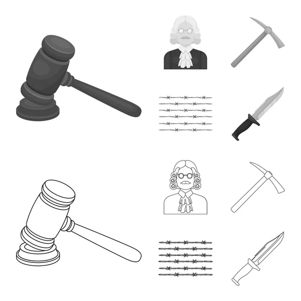 Judge, wooden hammer, barbed wire, pickaxe. Prison set collection icons in outline,monochrome style vector symbol stock illustration web. — Stock Vector