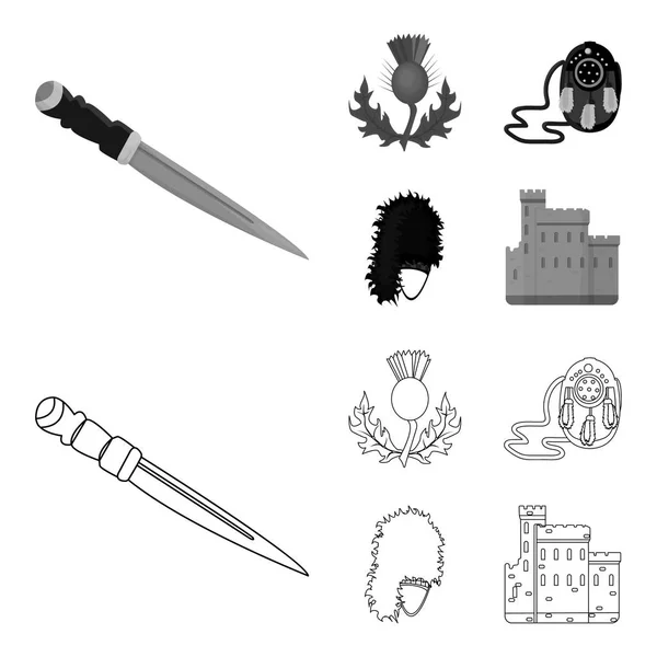 Daga Dirk Nacional, Cardo Símbolo Nacional, Sporran, glengarry.Scotland conjunto de iconos de la colección en el contorno, el estilo monocromo vector símbolo stock illustration web . — Vector de stock