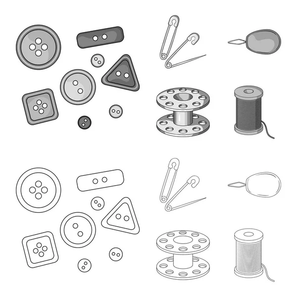 Düğmeleri, iğne, bobin ve iş parçacığı. Dikiş veya araçları terzilik anahat, tek renkli stil vektör simge stok çizim web simgeler ayarla.