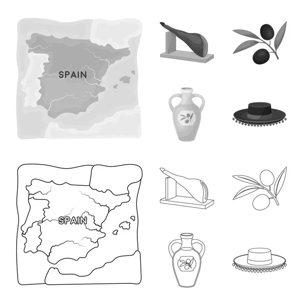 Mapa de España, jamón plato nacional, aceitunas en una rama, aceite de oliva en una botella. España país conjunto de iconos de colección en el contorno, el estilo monocromo vector símbolo stock ilustración web . — Archivo Imágenes Vectoriales