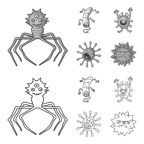 Mikrop ve virüs farklı türleri. Virüs ve bakteriler anahat, tek renkli stil vektör simge stok çizim web simgeler ayarla.