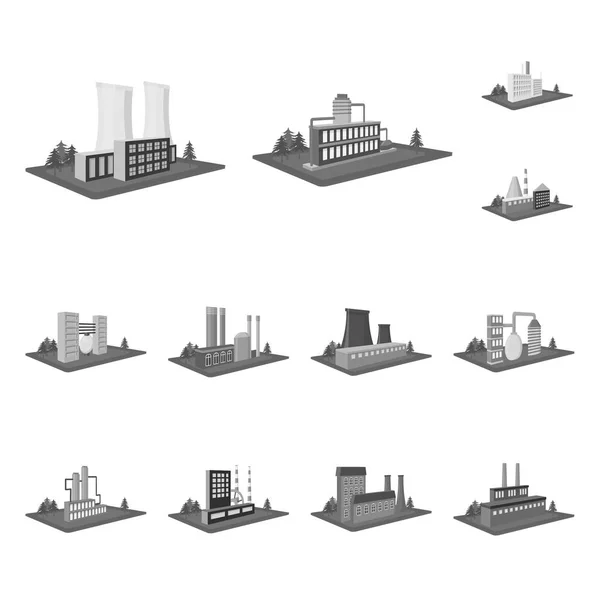 Fabriken och växt svartvita ikoner i set insamling för design. Produktion och enterprise vektor isometrisk symbol lager web illustration. — Stock vektor
