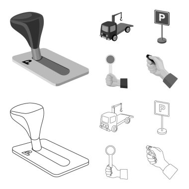 İletim kolu, çekici, Park işareti, stop sinyali. Buraya park edilmez toplama simgeler anahat, tek renkli stil vektör simge stok çizim web ayarla..